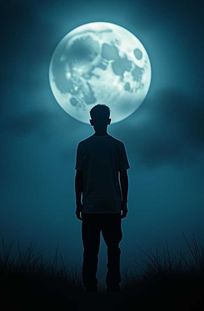  full moon and an alone sri lankan boy hyperrealistic, full body, detailed clothing, highly detailed, cinematic lighting, stunningly beautiful, intricate, sharp focus, f/1. 8, 85mm, (centered image composition), (professionally color graded), ((bright soft diffused light)), volumetric fog, trending on instagram, trending on tumblr, HDR 4K, 8K