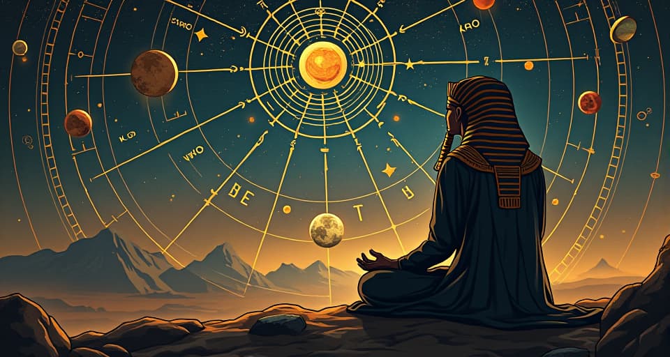  a celestial map, stars and planets intricately linked with glowing lines, pharaoh in ceremonial robes studying it, ethereal aura of universal connection. the style is digital art illustration / modern comic book / mysterious occult, symbolic, esoteric vibe,high detail on character design, incorporating ancient egyptian symbology and attire.