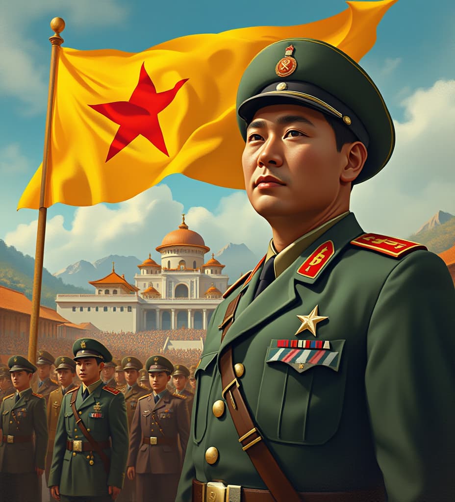  soviet china, propaganda poster, dutch city , yellow banner, red star, soviet, asian men, north korean military uniform,, high quality, high details, hd, perfect composition, 4k epic detailed, highly detailed, sharp focus, high resolution