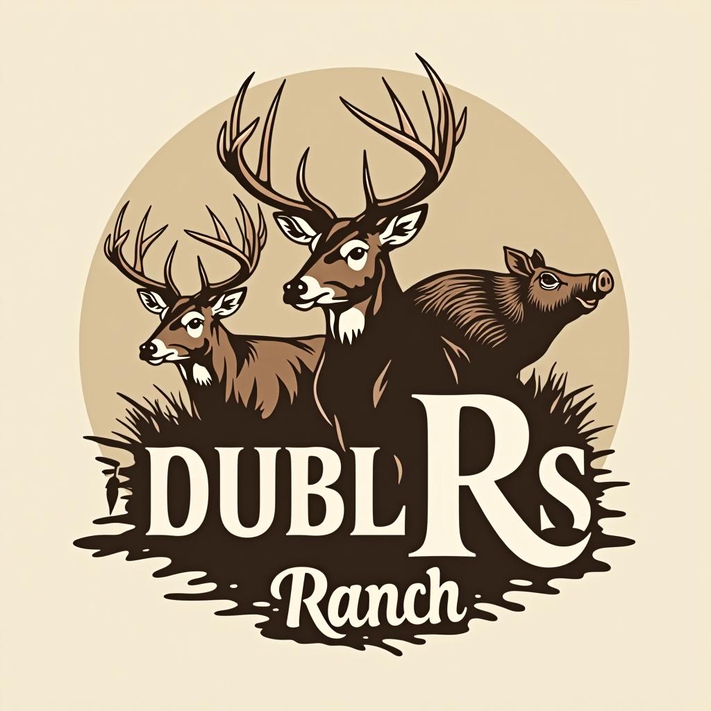  design a logo, sleek logo design which incorporates a deer , a turkey and a wild hog, with 2 letter r’s facing back to back in the forefront. the text title is “double r ranch”