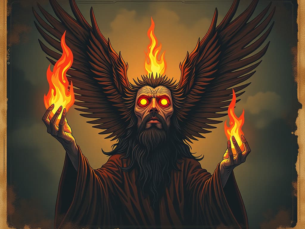  kindled fire, eyes glowing with divine truth, radiant and intense flames of realization, charged atmosphere, divine spark. an illustration in the style of a worn, mystical old tarot trump card, mysterious and elements of surrealism. the colors are muted, somber and eerie, but with contrast bring out an occult and esoteric vibe.