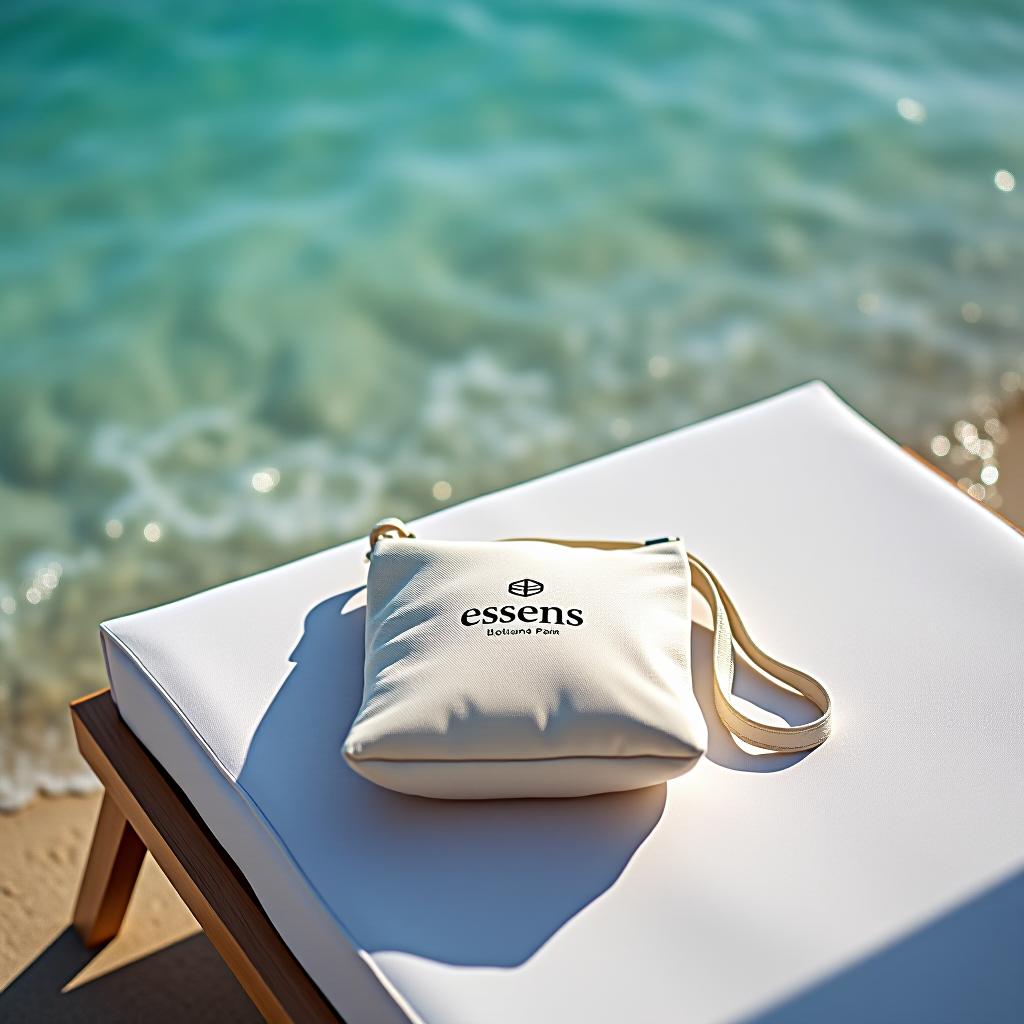  the sea, waves, relaxation, and on the sunbed lies a paid white bag with the essens logo.