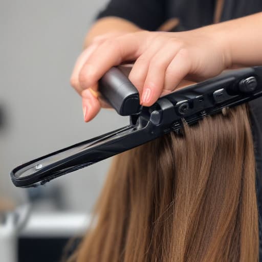 An image of a stylist using a flat iron to straighten wavy hair, focus on the hair and flat iron, in a modern salon, detailed