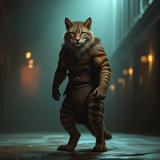  amidst a dimly lit underground arena, "hemule" stands tall, exuding an aura of untamed ferocity. his sleek fur glistens under the flickering lights, showcasing a mix of brown, black, and grey stripes that mirror the shadows dancing around him. with piercing green eyes fixed on his opponent, hemule's stance exudes confidence and readiness for the impending battle. each muscle in his feline form is taut and defined, hinting at the agility and strength he possesses. the atmosphere crackles with anticipation as he embodies the spirit of a seasoned fighter, ready to unleash his rebellious spirit in a clash of wills. the scene captures hemule's essence as a warrior, blending his feline hyperrealistic, full body, detailed clothing, highly detailed, cinematic lighting, stunningly beautiful, intricate, sharp focus, f/1. 8, 85mm, (centered image composition), (professionally color graded), ((bright soft diffused light)), volumetric fog, trending on instagram, trending on tumblr, HDR 4K, 8K