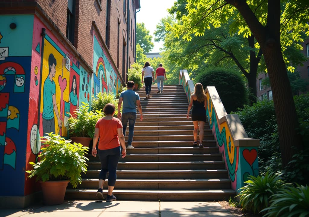  a vibrant scene showcasing the redway road staircase, adorned with colorful murals and surrounded by lush greenery, with locals using the staircase, engaging with art installations, and enjoying the nearby parks, all capturing the essence of community and creativity in toronto. hyperrealistic, full body, detailed clothing, highly detailed, cinematic lighting, stunningly beautiful, intricate, sharp focus, f/1. 8, 85mm, (centered image composition), (professionally color graded), ((bright soft diffused light)), volumetric fog, trending on instagram, trending on tumblr, HDR 4K, 8K