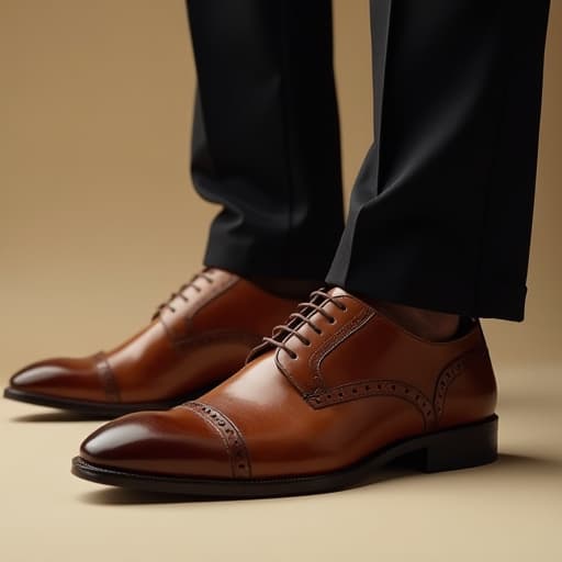  create an image with the following specifications: main subject: description: a close up view of a pair of elegant brown oxford shoes next to the hem of a black suit trouser. style: realistic, high quality product photography. setting: location: studio setting with a neutral background. composition: framing: close up shot focusing on the shoes and lower part of the trouser, capturing fine details. style: art movement: contemporary product photography. technique: high resolution digital photography with soft, even lighting. atmosphere: mood: sophisticated and refined. color palette: dominant colors: rich brown, deep black, neutral beige. mood: warm and elegant. details: foreground: polished brown oxford shoes with intricate broguing,  hyperrealistic, full body, detailed clothing, highly detailed, cinematic lighting, stunningly beautiful, intricate, sharp focus, f/1. 8, 85mm, (centered image composition), (professionally color graded), ((bright soft diffused light)), volumetric fog, trending on instagram, trending on tumblr, HDR 4K, 8K