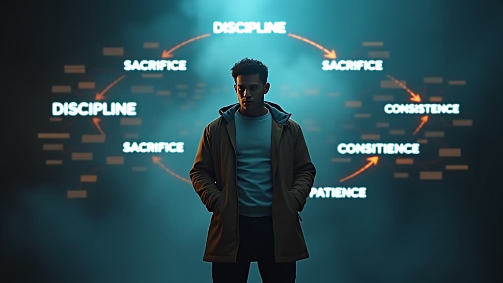  , a concept map illustrating the ideas of discipline, sacrifice, consistency, and patience in relation to financial goals. hyperrealistic, full body, detailed clothing, highly detailed, cinematic lighting, stunningly beautiful, intricate, sharp focus, f/1. 8, 85mm, (centered image composition), (professionally color graded), ((bright soft diffused light)), volumetric fog, trending on instagram, trending on tumblr, HDR 4K, 8K