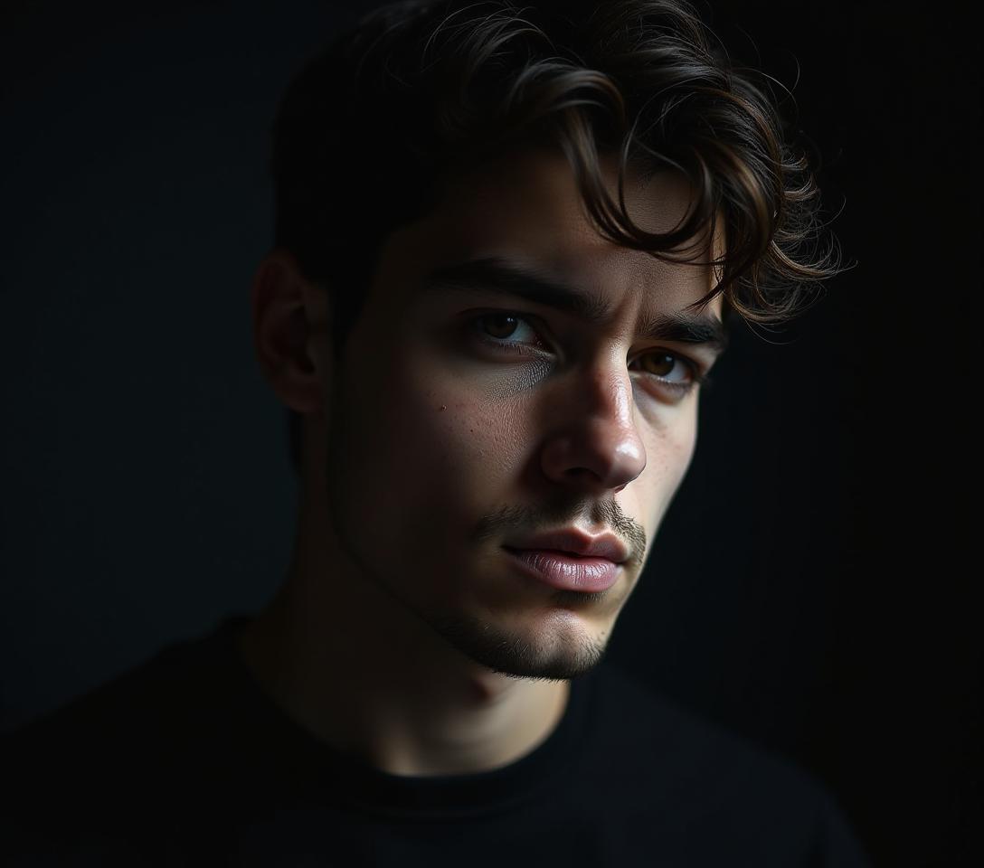  close up portrait of young mysterious man with half face in shadow. he is standing on dark background and expressing thoughtfulness. masculine beauty concept