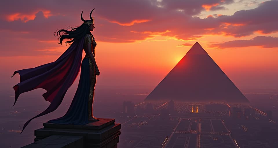  the same large busted warrior queen from image #83 standing atop a pyramid at dusk, looking down at the city below, cape billowing in the wind, an aura of triumph over past influences. the style is digital art illustration / modern comic book / mysterious occult, symbolic, esoteric vibe,high detail on character design, incorporating ancient egyptian symbology and attire.