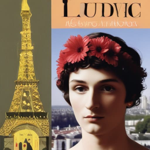 Book cover of book entitled LUDOVIC (in a vogue type font at top of page) a romance novel cult book cover aesthetic, with a collage below the title LUDOVIC featuring : a bacchus head like a Roman statue, a champagne glass, keith baring flower head drawing, and an Eiffel Tower in Surrealist style with City background