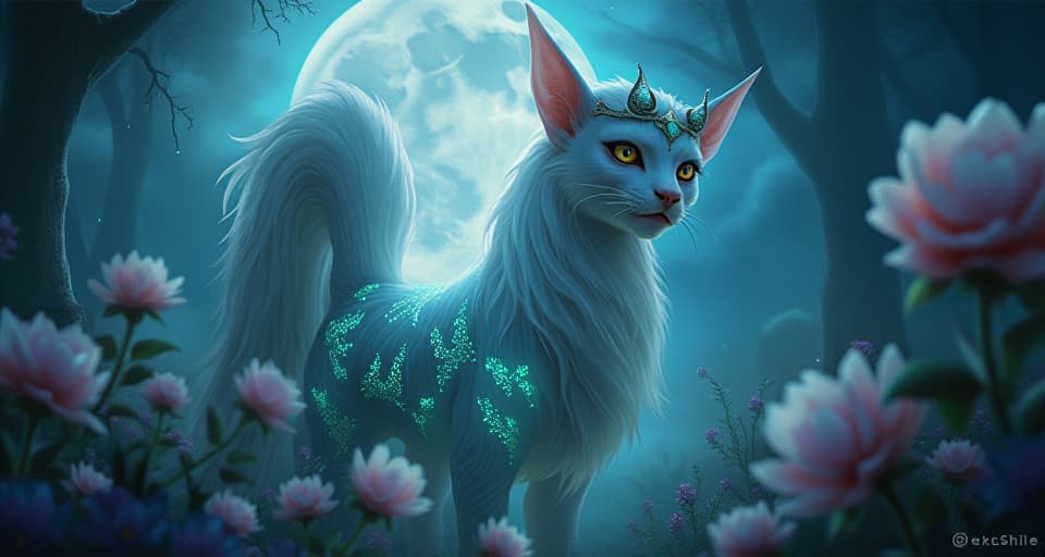  a mystical elf with glowing markings, standing in a moonlit glade surrounded by enchanted flora. her expression intense, as if she hears an otherworldly calling in the cosmic wind.. the style is digital art illustration,highly detailed, whimsical,magical, dreamlike atmosphere, realism and fantasy blend, smooth, glossy textures,luminous quality, wonder and enchantment.