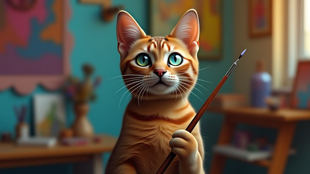  surreal abyssinian cat holding paintbrush in colorful studio setting