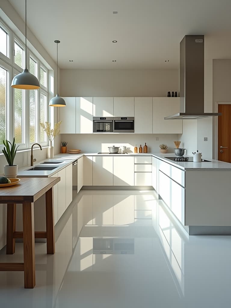  high quality portrait photo of a bright, airy kitchen featuring glossy white epoxy flooring that seamlessly extends across the room, reflecting natural light from large windows hyperrealistic, full body, detailed clothing, highly detailed, cinematic lighting, stunningly beautiful, intricate, sharp focus, f/1. 8, 85mm, (centered image composition), (professionally color graded), ((bright soft diffused light)), volumetric fog, trending on instagram, trending on tumblr, HDR 4K, 8K