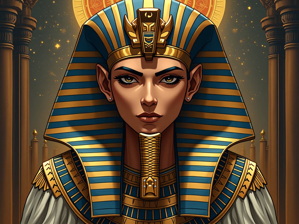  pharaoh with a determined look, surrounded by celestial symbols, sense of divine support and guidance. the style is digital art illustration / modern comic book / mysterious occult, symbolic, esoteric vibe,high detail on character design, incorporating ancient egyptian symbology and attire.