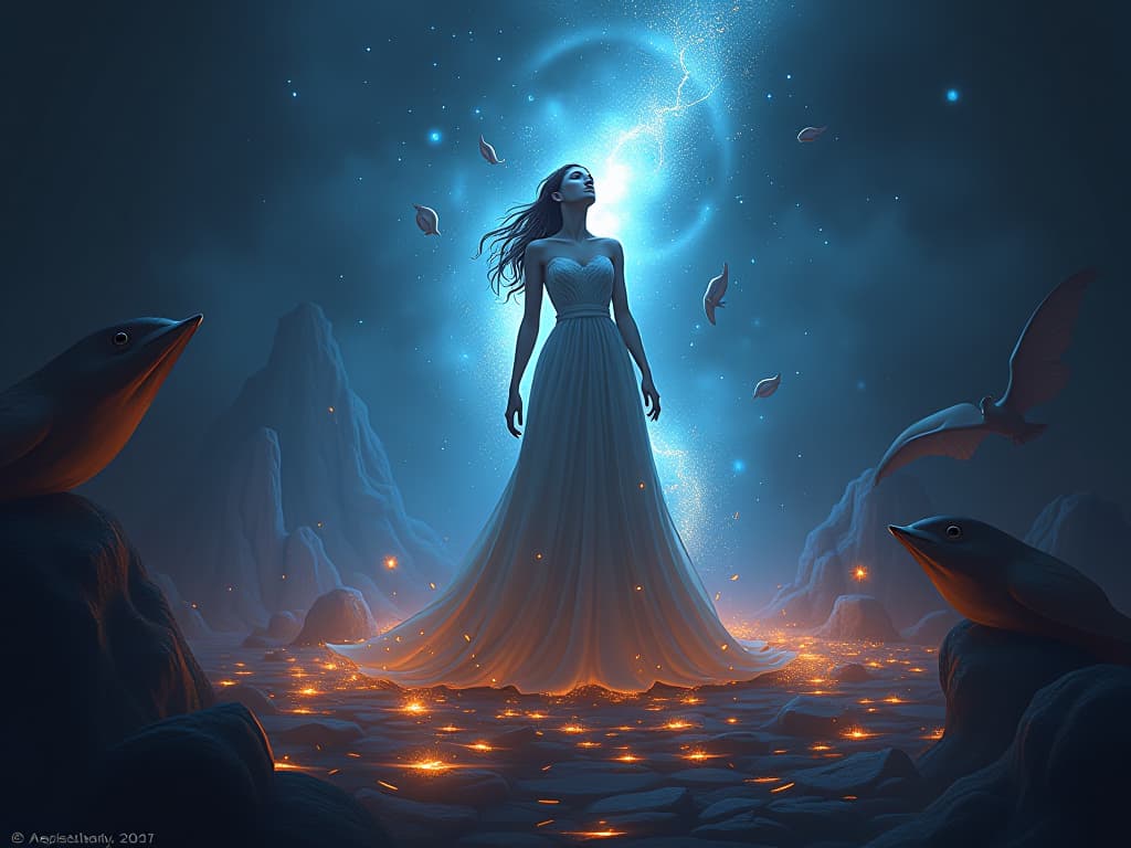  mystic with scattered energy, surrounded by chaotic symbols and dim light. ethereal ambiance signifies depletion and struggle.. the style is digital art illustration,highly detailed, whimsical,magical, dreamlike atmosphere, realism and fantasy blend, smooth, glossy textures,luminous quality, wonder and enchantment.