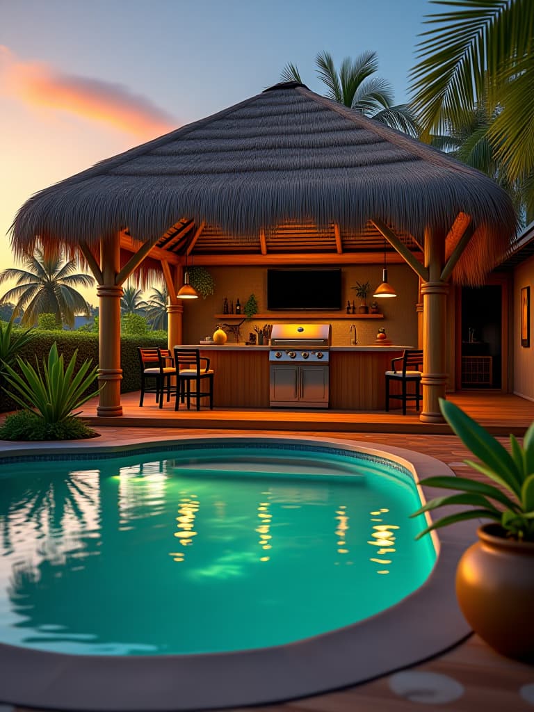  high quality portrait photo of a tropical inspired patio with a thatched roof tiki bar, built in gas grill, and bamboo accents, surrounding a crystal clear plunge pool, viewed from an elevated angle during sunset hyperrealistic, full body, detailed clothing, highly detailed, cinematic lighting, stunningly beautiful, intricate, sharp focus, f/1. 8, 85mm, (centered image composition), (professionally color graded), ((bright soft diffused light)), volumetric fog, trending on instagram, trending on tumblr, HDR 4K, 8K