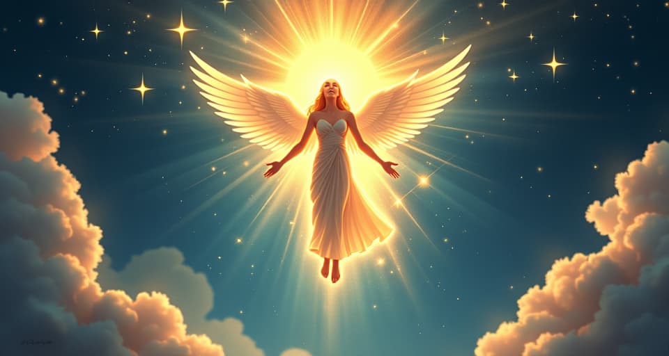  a divine figure being elevated by radiant light, floating among the stars, with celestial beings in awe, the atmosphere filled with determination and divine resolve. the style is digital art illustration,highly detailed, whimsical,magical, dreamlike atmosphere, realism and fantasy blend, smooth, glossy textures,luminous quality, wonder and enchantment.