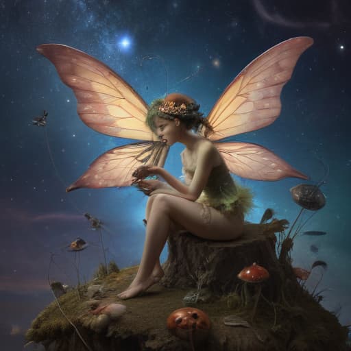 A fairy eating bugs in Surrealist style with Space background