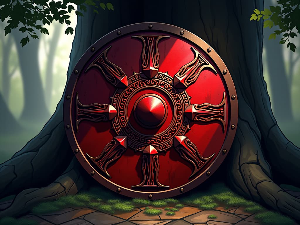  red ancient shield, worn but resilient, with intricate carvings, leaning against a tree, light filtering through leaves, symbol of enduring strength. the style is digital art illustration / modern comic book / graphic dark novel fantasy and mysterious occult, symbolic, moody lighting, esoteric vibe,high detail on character design. for the color scheme emphasize blacks and reds.