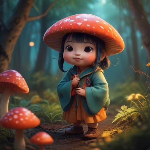 In a whimsical digital art style reminiscent of Akina Fujiwara, create an image of Kokis, a mischievous creature with a contagious laugh. Kokis is a small, impish figure with vibrant, swirling colors emanating from their mouth as they let out a cheerful giggle. The background is a fantastical forest filled with glowing mushrooms and twinkling fireflies, adding to the magical and playful atmosphere of the scene. The overall composition should evoke a sense of lightheartedness and wonder, capturing the essence of Kokis' joyful spirit. fantastical creatures or characters inspired by mythology, folklore, or popular culture. use vibrant colors, sharp lines, intricate details, dynamic poses, dramatic lighting, atmospheric backgrounds, and blend a