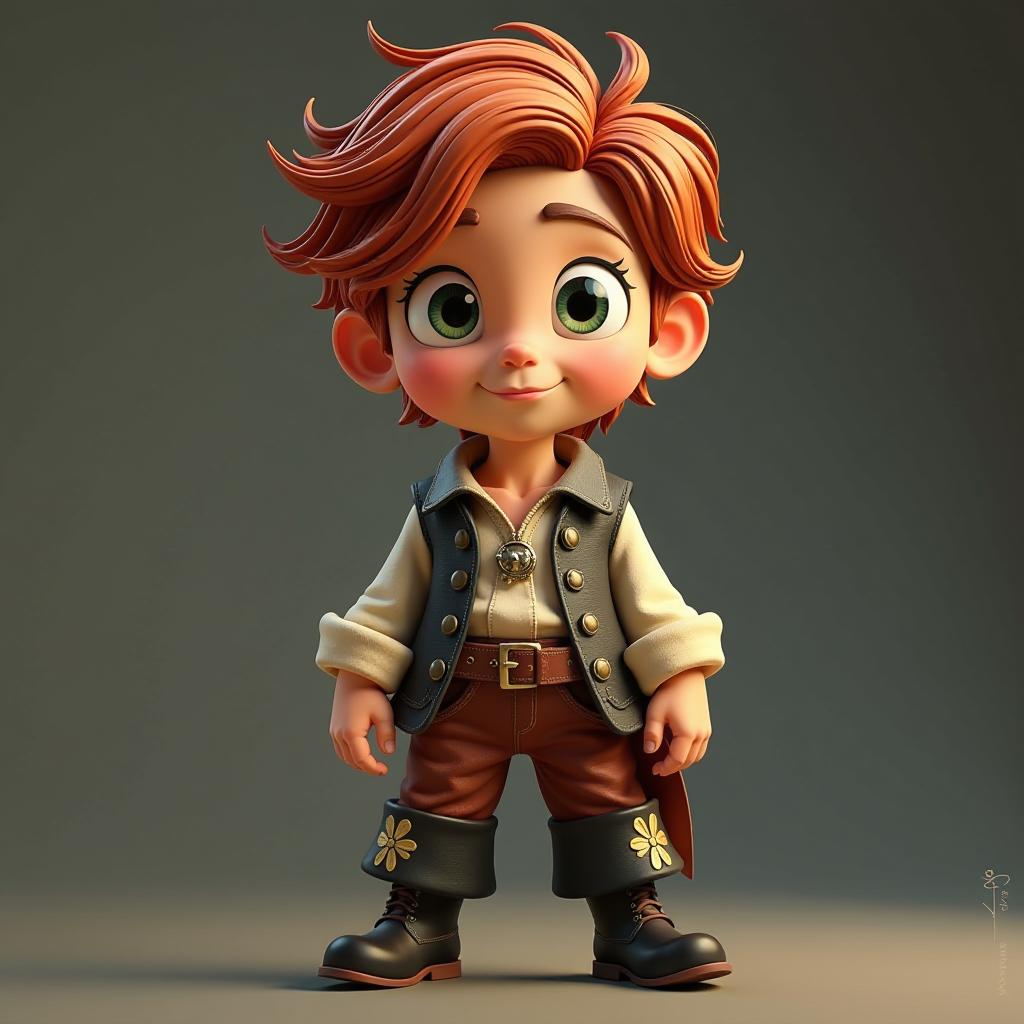  ambitious with messy reddish brown hair, light green eyes, tanned skin and wearing unorderly pirate attire and black pirate boots with gold flower embroidery . in 3d, disney cartoon style