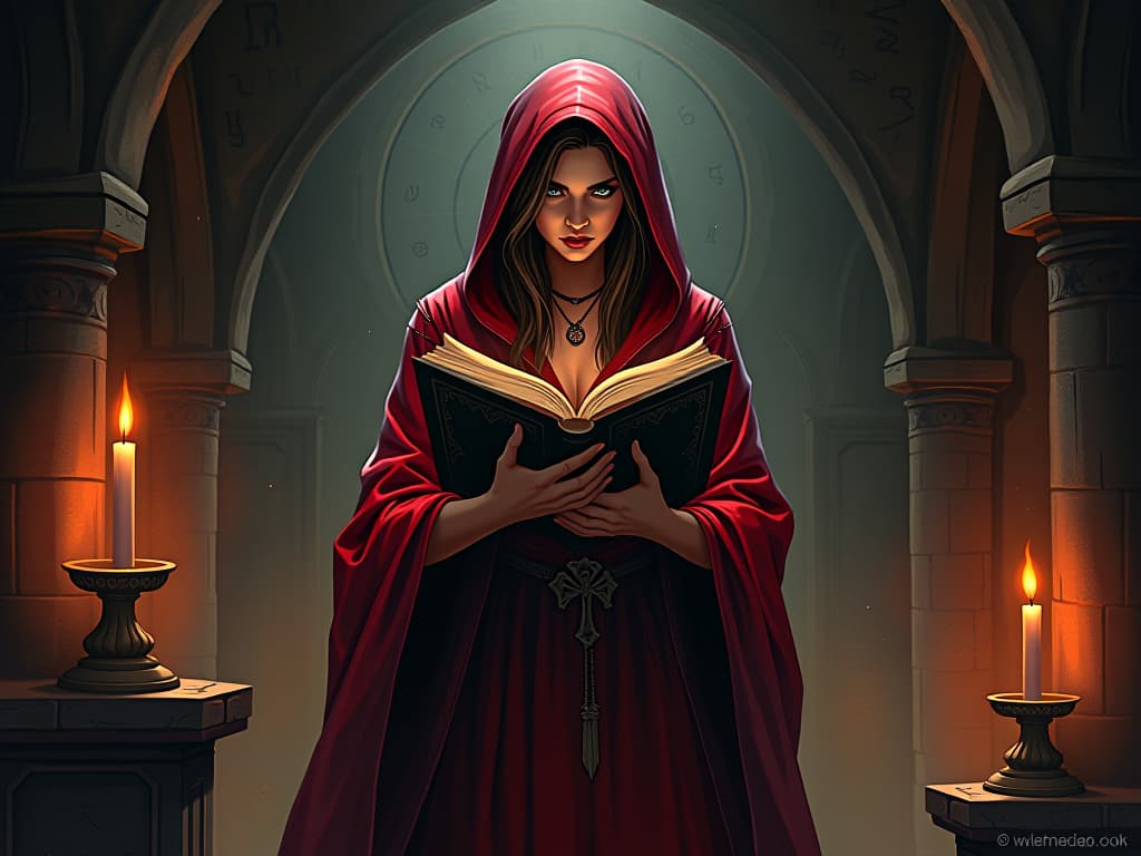  dark sorceress in red robes, holding ancient spellbook, standing in candlelit chamber, mystical runes glowing on walls, air of enigmatic transformation. the style is digital art illustration / modern comic book / graphic dark novel fantasy and mysterious occult, symbolic, moody lighting, esoteric vibe,high detail on character design. for the color scheme emphasize blacks and reds.