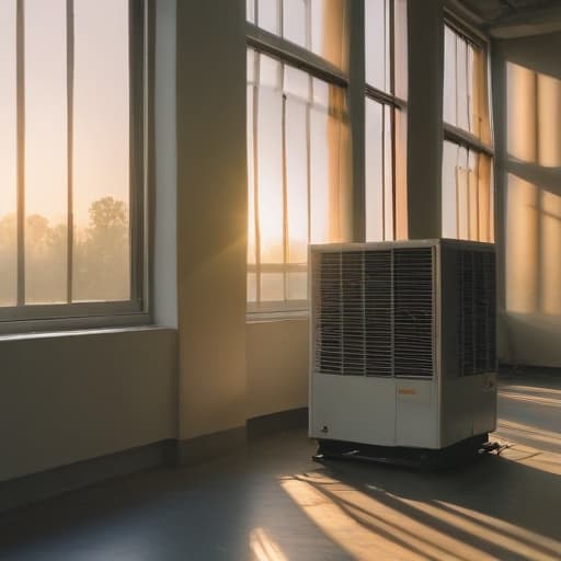 A photo of a technician inspecting an air conditioning unit in a modern office building during late afternoon with soft, warm sunlight filtering through the large windows, creating a captivating play of light and shadows on the metallic surfaces and casting a serene glow over the scene.