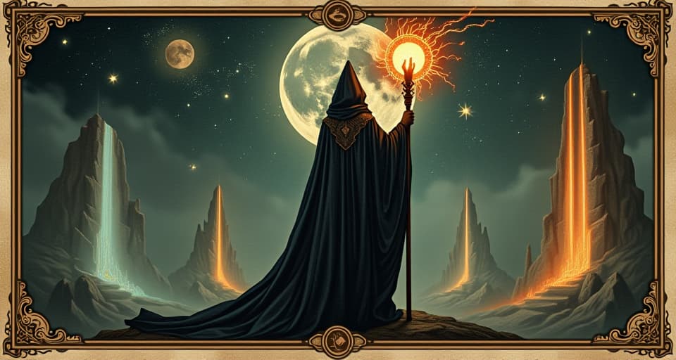  a mage with a luminescent staff, portals to different realms in the background, divine purpose apparent, cosmic wisdom, stars and sacred symbols. an illustration in the style of a worn, mystical old tarot trump card, mysterious and elements of surrealism. the colors are muted, somber and eerie, but with contrast bring out an occult and esoteric vibe.