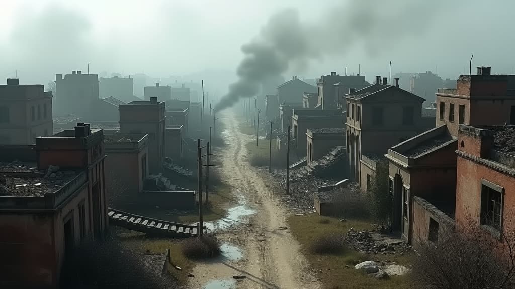  destroyed town with collapsing structures after war.