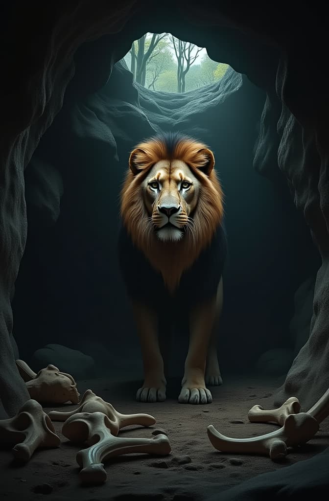  a grand lion’s den, inside a dark cave, with bones scattered around. the cave is dimly lit by a small opening in the ceiling, casting eerie shadows. the entrance of the cave shows a few trees, indicating the jungle outside., realistic, portrait, art by donato giancola and greg rutkowski, realistic face, digital art, trending on artstation hyperrealistic, full body, detailed clothing, highly detailed, cinematic lighting, stunningly beautiful, intricate, sharp focus, f/1. 8, 85mm, (centered image composition), (professionally color graded), ((bright soft diffused light)), volumetric fog, trending on instagram, trending on tumblr, HDR 4K, 8K