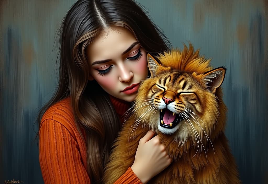  (expressionism painting:1.3) of young tall slim brunette woman holding sad and sleepy dark brown siberian cat yawning, cat is dressed in lion costume, (van gogh style:1.9)