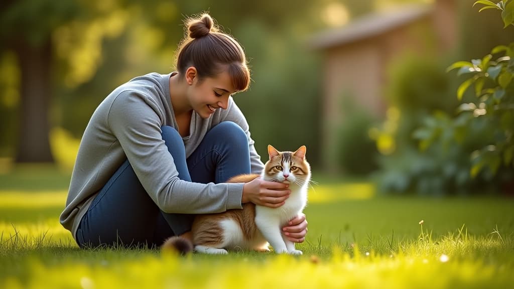  a cat lover playing with their cat in a sunny garden, full body shot, natural lighting, with copy space