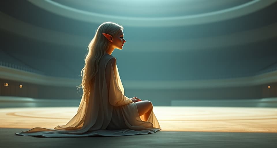  a serene elf in translucent flowing robes, sitting in an empty arena, atmosphere of anticipation, subtle glow around her, introspective. the style is digital art illustration,highly detailed, whimsical,magical, dreamlike atmosphere, realism and fantasy blend, smooth, glossy textures,luminous quality, wonder and enchantment.