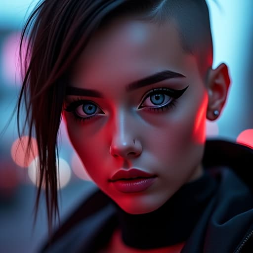  ultra realistic close up portrait ((beautiful pale cyberpunk female with heavy black eyeliner)), blue eyes, shaved side haircut, hyper detail, cinematic lighting, magic neon, dark red city, canon eos r3, nikon, f/1.4, iso 200, 1/160s, 8k, raw, unedited, symmetrical balance, in frame, 8k hyperrealistic, full body, detailed clothing, highly detailed, cinematic lighting, stunningly beautiful, intricate, sharp focus, f/1. 8, 85mm, (centered image composition), (professionally color graded), ((bright soft diffused light)), volumetric fog, trending on instagram, trending on tumblr, HDR 4K, 8K