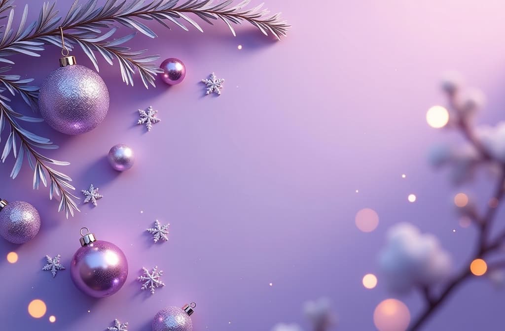  cinematic film style, top down view of a soft purple background, with silver and violet ornaments and delicate snowflakes scattered in the top left corner. bokeh lights and light particles softly blur out on the right side, providing space for text. ar 3:2, shallow depth of field, vignette, maximum details, high budget hollywood movie, bokeh, cinemascope, moody, epic, gorgeous, sun rays and shadows on furniture and surfaces, flattering light, raw photo, photography, photorealistic, 8k resolution, f1.4, sharpened focus, sharp focus