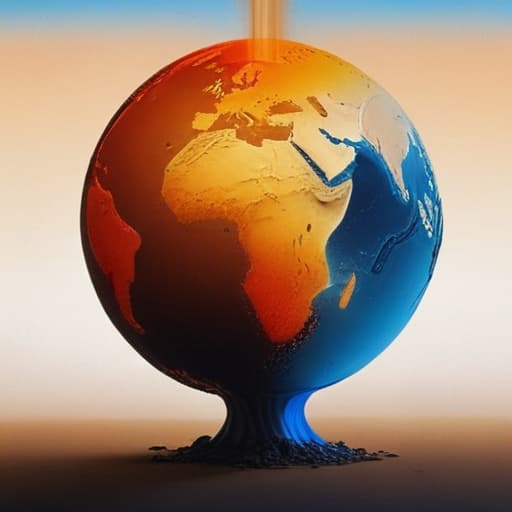 An image of earth (as the ground), air, water and fire in Surrealist style with Gradient background