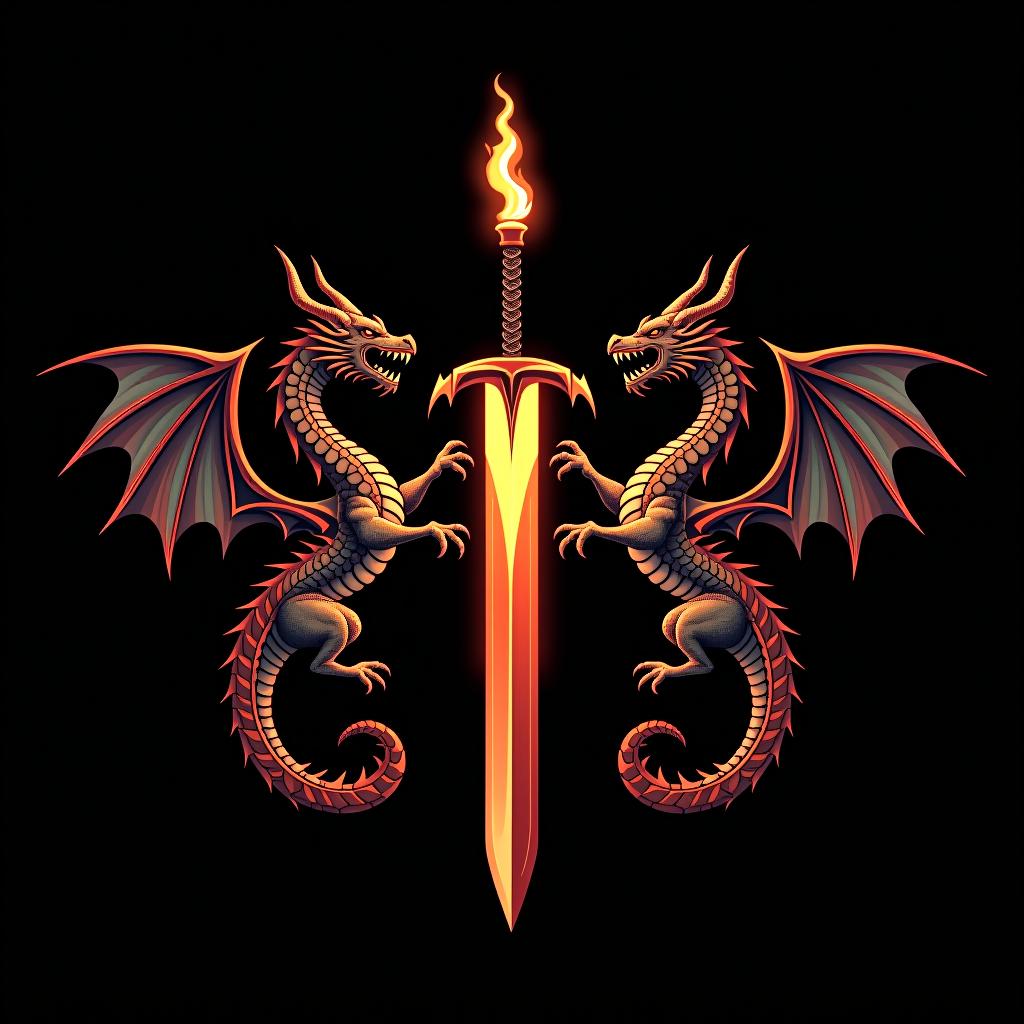  logo, custom sticker design on an isolated black background decorated by mythical dragons and a flaming sword