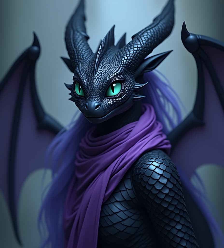  an anthro dragon woman, black scales, four aqua eyes, asphalt colored long mane, feminine, four insect wings, and a long flowing wisteria colored scarf.