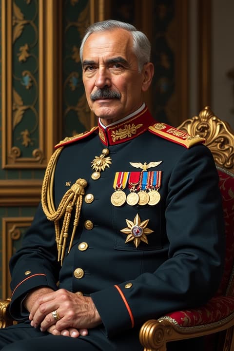  a detailed portrait of mohammad reza shah pahlavi, the last shah of iran, showcasing his regal attire and opulent surroundings. the scene captures him in the golestan palace, dressed in a formal military uniform adorned with medals and decorations, exuding charisma and authority. the background features intricate persian architecture, lush gardens, and rich colors, reflecting the grandeur of the pahlavi dynasty. emphasize his distinctive facial features, neatly combed hair, and a confident expression, illustrating his role as a modernizing leader in mid 20th century iran.