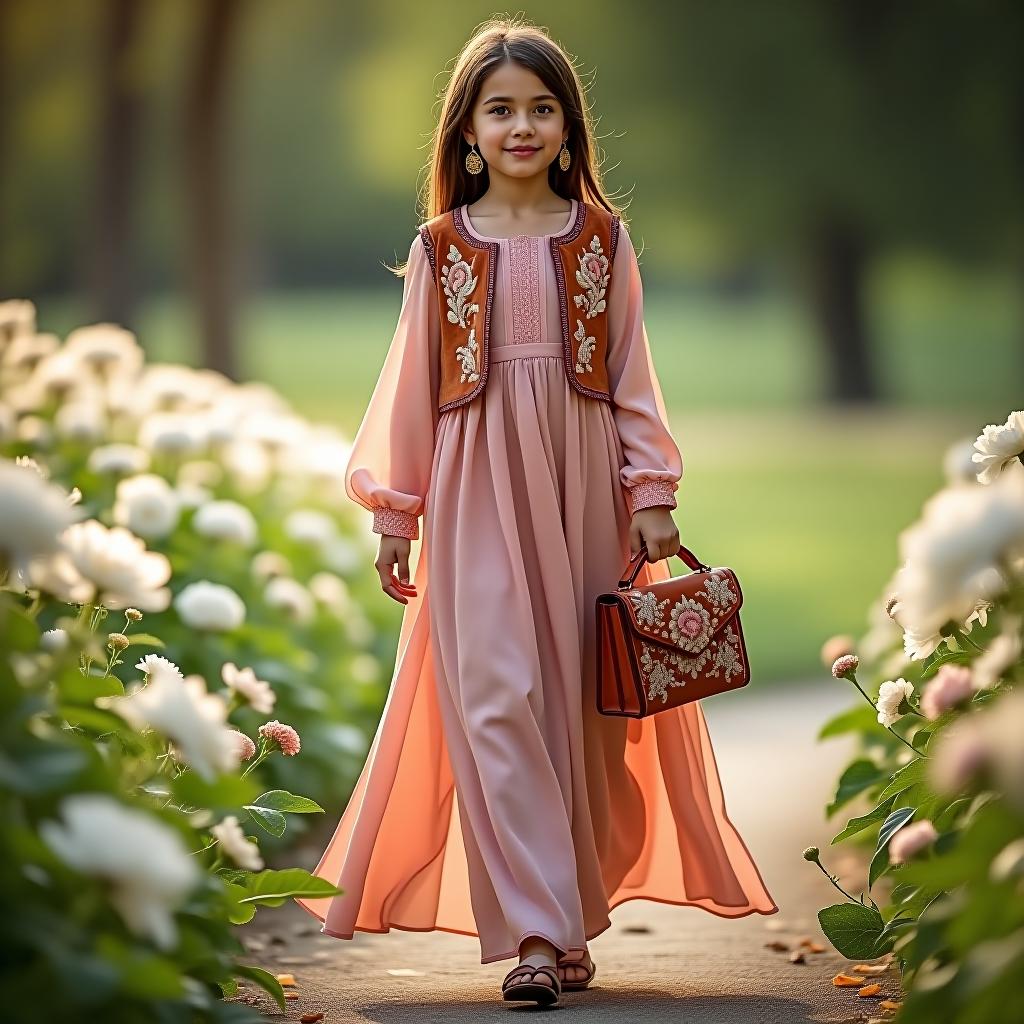  a girl in a delicate romantic dress with national tatar flair. the girl is shown in full length. the dress is a soft pink color, long to the floor, with long sleeves. over the dress, she wears a velvet vest. she is walking through a park, holding a bag with tatar embroidery that matches the color of her dress. she has large gold earrings in her ears. surrounding her are white and pink flowers.