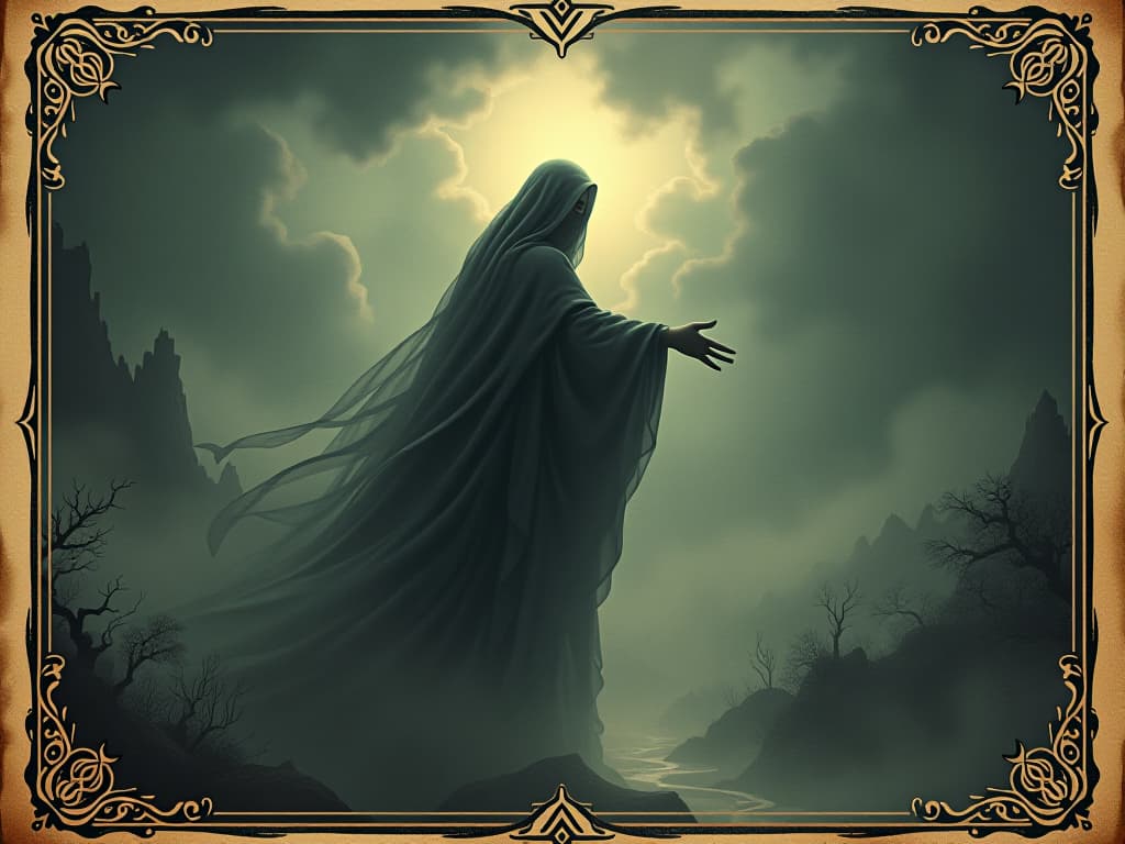  ethereal figure reaching out, swirling mists, shadowy landscapes in background, dark and mystical. an illustration in the style of a worn, mystical old tarot trump card, mysterious and elements of surrealism. the colors are muted, somber and eerie, but with contrast bring out an occult and esoteric vibe.