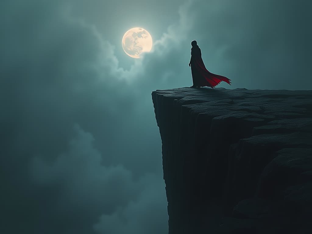  person standing amidst swirling fog on a cliff's edge, looking over a dark abyss, discomfort and confrontation, stormy sky. the style is dark fantasy and mysterious occult, symbolic, moody lighting, esoteric vibe,high detail on character design. for the color scheme emphasize blacks and reds.