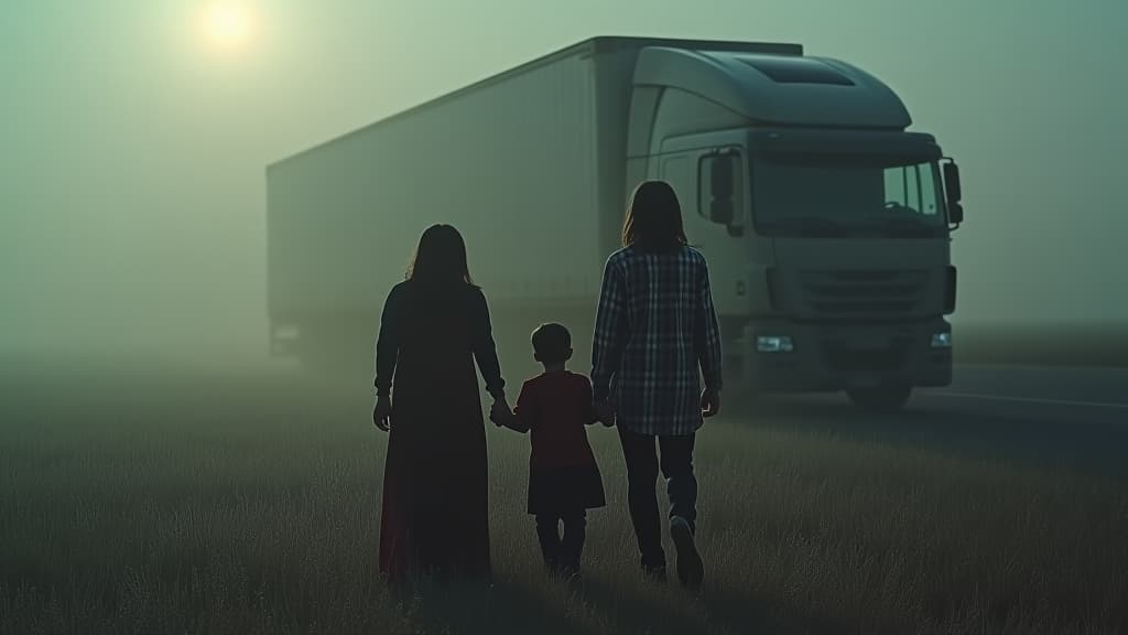  images about horror stories, a faded photograph showing the family involved in the tragic truck accident. hyperrealistic, full body, detailed clothing, highly detailed, cinematic lighting, stunningly beautiful, intricate, sharp focus, f/1. 8, 85mm, (centered image composition), (professionally color graded), ((bright soft diffused light)), volumetric fog, trending on instagram, trending on tumblr, HDR 4K, 8K