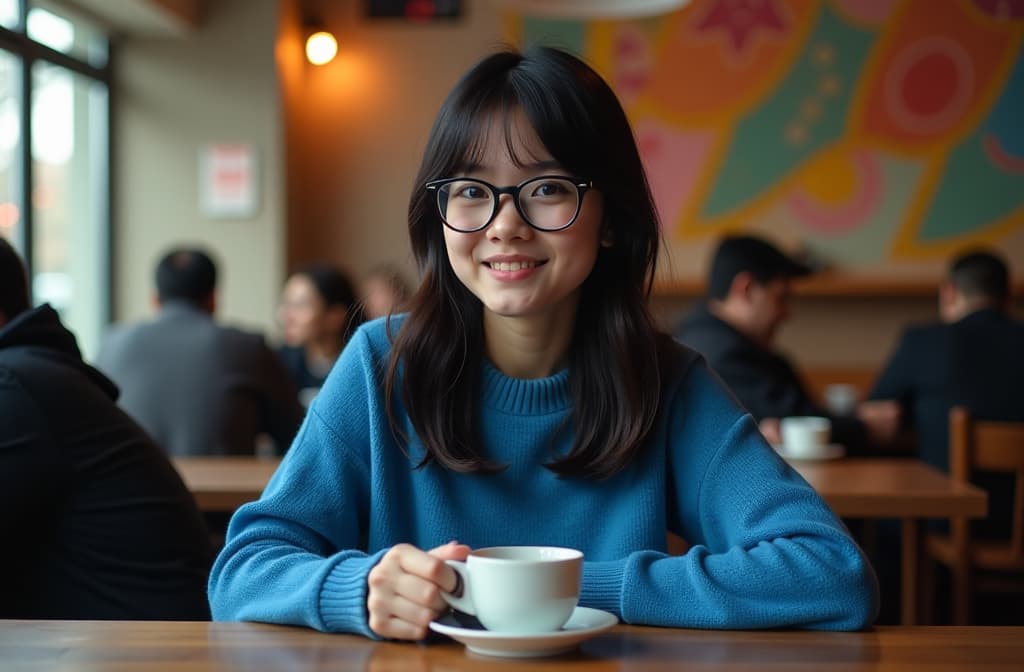  professional detailed photography, cute girl in blue sweater black hair black wayfarer glasses sitting psychedelic patterns inside cafe drinking coffee with background ar 3:2, (muted colors, dim colors, soothing tones), (vsco:0.3)