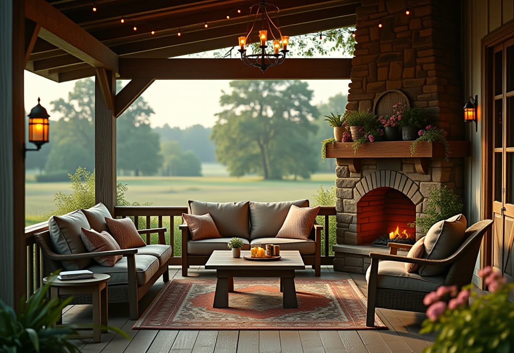  a landscape photo of a rustic farmhouse patio with weathered wood furniture, a stone fireplace, cozy textiles, and string lights hanging overhead, surrounded by wildflowers hyperrealistic, full body, detailed clothing, highly detailed, cinematic lighting, stunningly beautiful, intricate, sharp focus, f/1. 8, 85mm, (centered image composition), (professionally color graded), ((bright soft diffused light)), volumetric fog, trending on instagram, trending on tumblr, HDR 4K, 8K