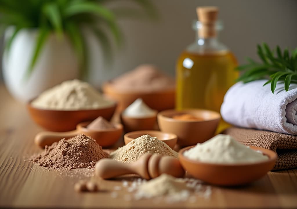  a spa setting with various natural ingredients like powders, oils, and towels, arranged on a wooden table