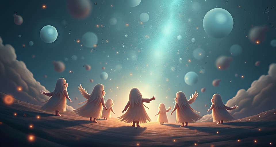  a group of ethereal beings grappling with their fallen illusions, magical dust in the air, surrounding a landscape full of soft, glowing lights.. the style is digital art illustration,highly detailed, whimsical,magical, dreamlike atmosphere, realism and fantasy blend, smooth, glossy textures,luminous quality, wonder and enchantment.