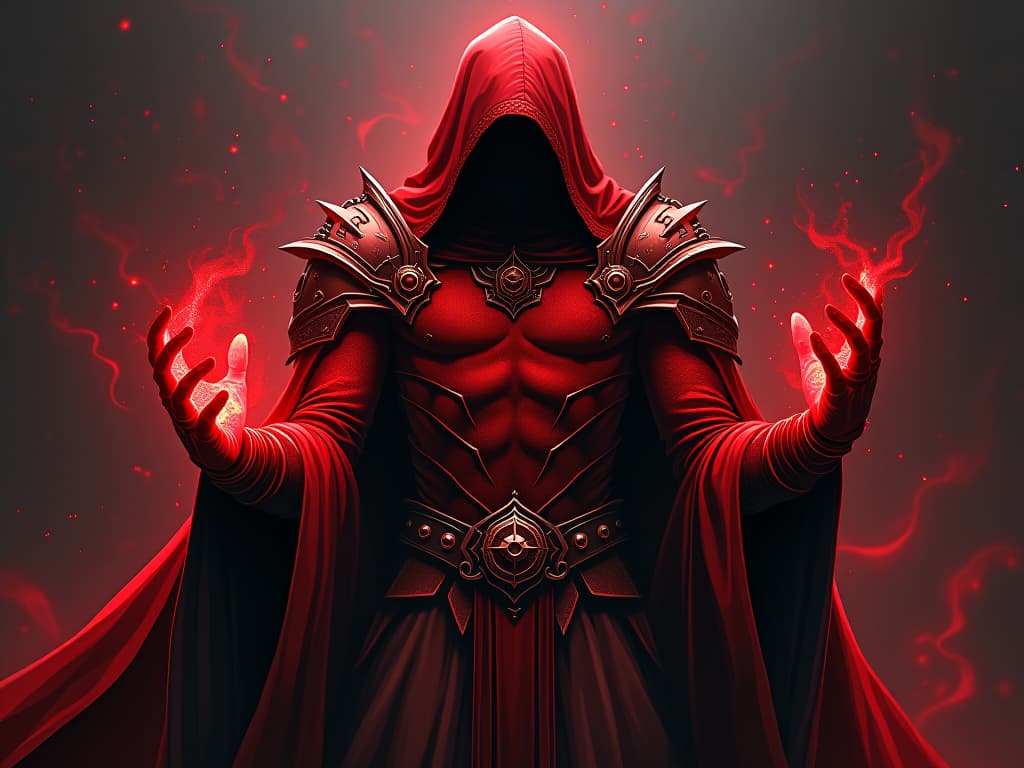  figure in red armor, energy dispersed into shadowy phantom hands, sense of dilution. the style is digital art illustration / modern comic book / graphic dark novel fantasy and mysterious occult, symbolic, moody lighting, esoteric vibe,high detail on character design. for the color scheme emphasize blacks and reds.