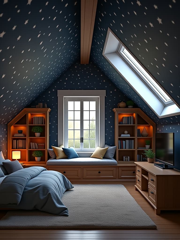  high quality portrait photo of a cozy attic bedroom with slanted ceilings covered in starry night wallpaper, featuring a skylight, built in bookshelves, and a comfy window seat hyperrealistic, full body, detailed clothing, highly detailed, cinematic lighting, stunningly beautiful, intricate, sharp focus, f/1. 8, 85mm, (centered image composition), (professionally color graded), ((bright soft diffused light)), volumetric fog, trending on instagram, trending on tumblr, HDR 4K, 8K