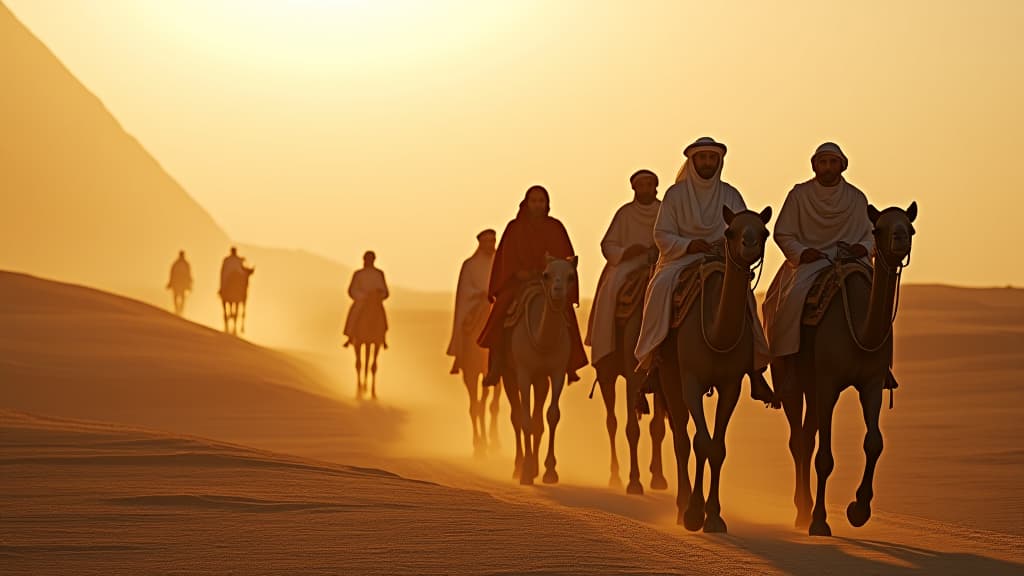  history of biblical times, a caravan of ishmaelites approaching in the distance, carrying spices and goods for egypt. hyperrealistic, full body, detailed clothing, highly detailed, cinematic lighting, stunningly beautiful, intricate, sharp focus, f/1. 8, 85mm, (centered image composition), (professionally color graded), ((bright soft diffused light)), volumetric fog, trending on instagram, trending on tumblr, HDR 4K, 8K